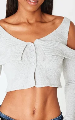 Grey Boucle Knit Cold Shoulder Button Up Top