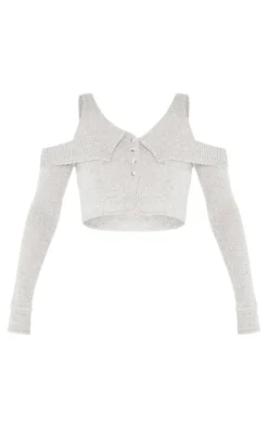 Grey Boucle Knit Cold Shoulder Button Up Top