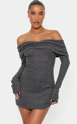 Grey Brushed Rib Bardot Long Sleeve Bodycon Dress