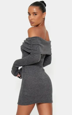 Grey Brushed Rib Bardot Long Sleeve Bodycon Dress