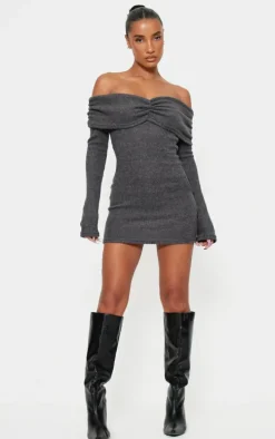 Grey Brushed Rib Bardot Long Sleeve Bodycon Dress