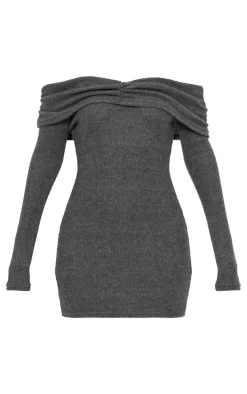 Grey Brushed Rib Bardot Long Sleeve Bodycon Dress