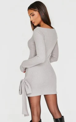 Grey Brushed Rib Tie Waist Detail Bodycon Dress