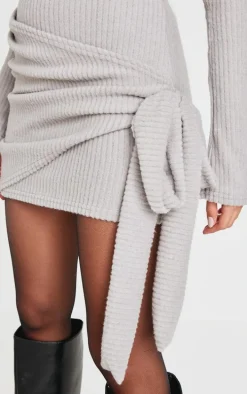 Grey Brushed Rib Tie Waist Detail Bodycon Dress