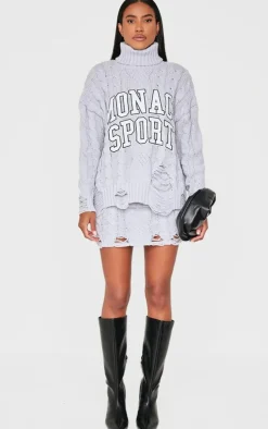 Grey Cable Knit Distressed Hem Fold Over Mini Skirt