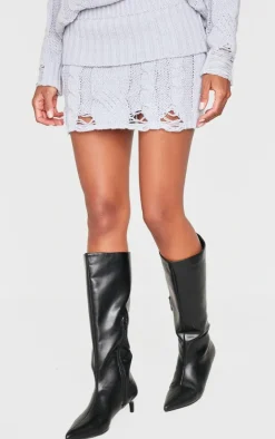 Grey Cable Knit Distressed Hem Fold Over Mini Skirt