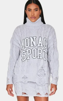 Grey Cable Knit Distressed Hem Embroidered Roll Neck Sweater