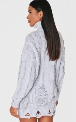 Grey Cable Knit Distressed Hem Embroidered Roll Neck Sweater