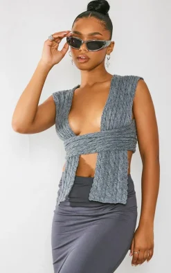 Grey Cable Knit Wrap Multi Way Top