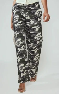 Grey Camo Wide Leg Cargo Pants