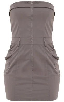Grey Cargo Pocket Zip Up Bandeau Bodycon Dress