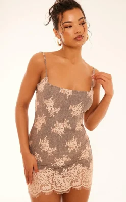 Grey Contrast Lace Detail Strappy Bodycon Dress