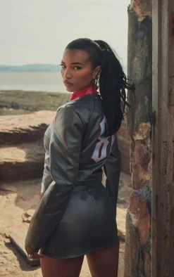 Grey Contrast Stripe Coated Denim Mini Skirt