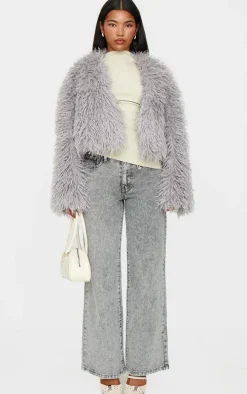 Grey Cropped Faux Fur Coat