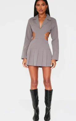 Grey Cut Out Back Long Sleeve Shift Dress