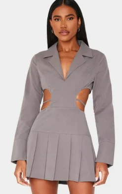 Grey Cut Out Back Long Sleeve Shift Dress