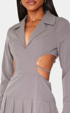 Grey Cut Out Back Long Sleeve Shift Dress
