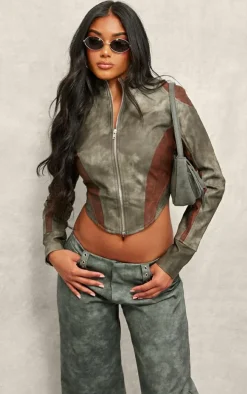 Grey Dip Front Panelled Faux Leather Biker Jacket