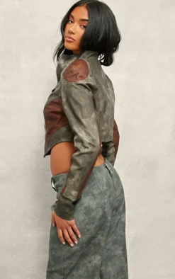 Grey Dip Front Panelled Faux Leather Biker Jacket