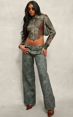 Grey Dip Front Panelled Faux Leather Biker Jacket