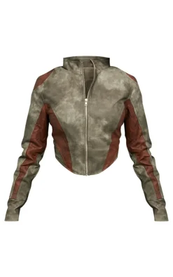 Grey Dip Front Panelled Faux Leather Biker Jacket