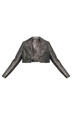 Grey Distressed Faux Leather Crop Jacket