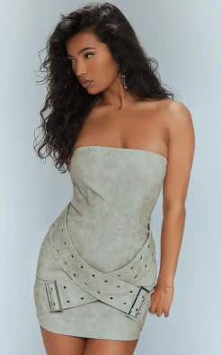Grey Distressed PU Bandeau Belt Detail Bodycon Dress
