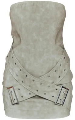Grey Distressed PU Bandeau Belt Detail Bodycon Dress