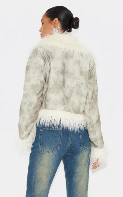 Grey Distressed PU Faux Fur Cuff And Collar Jacket