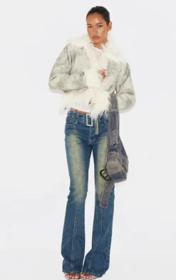 Grey Distressed PU Faux Fur Cuff And Collar Jacket