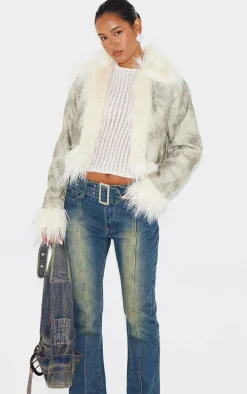 Grey Distressed PU Faux Fur Cuff And Collar Jacket