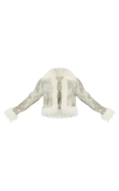 Grey Distressed PU Faux Fur Cuff And Collar Jacket