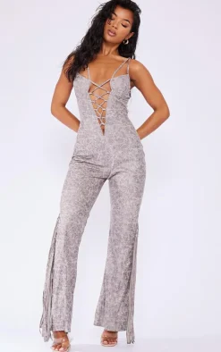 Grey Distressed PU Lace Up Detail Tassel Flared Jumpsuit
