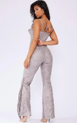 Grey Distressed PU Lace Up Detail Tassel Flared Jumpsuit