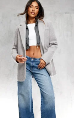 Grey Double Breasted Boucle Borg Blazer