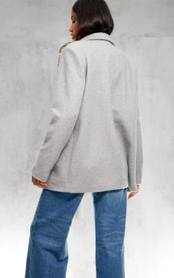 Grey Double Breasted Boucle Borg Blazer