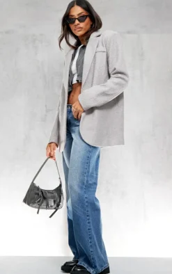 Grey Double Breasted Boucle Borg Blazer