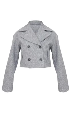 Grey Double Breasted Wool Look Cropped Trench Coat