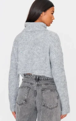 Grey Eyelash Knit High Neck Sweater