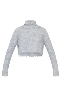 Grey Eyelash Knit High Neck Sweater