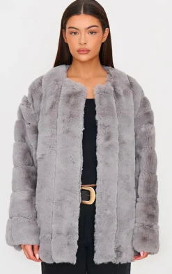 Grey Faux Fur Bubble Vertical Coat