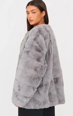Grey Faux Fur Bubble Vertical Coat
