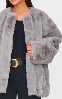 Grey Faux Fur Bubble Vertical Coat