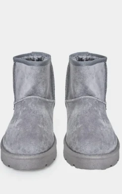 Grey Faux Suede Cleated Ankle Boots