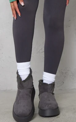 Grey Faux Suede Round Toe Thick Flat Sole Ankle Boots