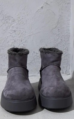 Grey Faux Suede Round Toe Thick Flat Sole Ankle Boots