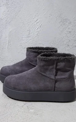Grey Faux Suede Round Toe Thick Flat Sole Ankle Boots