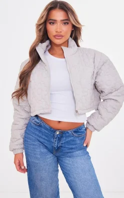 Grey Floral Embossed Cropped Padded Jacket