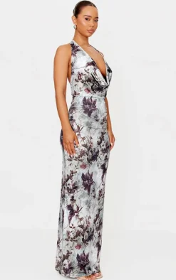 Grey Floral Print Extreme Cowl Maxi Dress