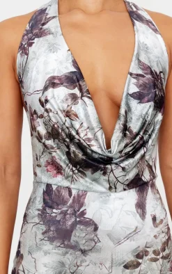 Grey Floral Print Extreme Cowl Maxi Dress